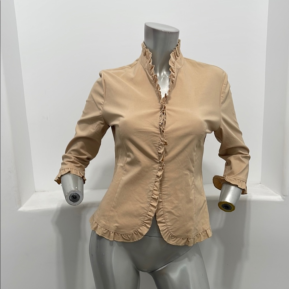 Wanko Tan Button Down Shirt with Ruffled Mandarin Collar Size EUR  38